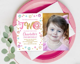 Donut 2nd birthday Invitation Two sweet celebration Party Invite Donut miss it Girl Pink 2nd Sprinkle Editable download Printable Bir214