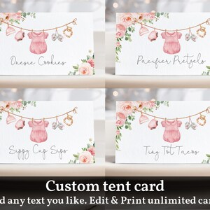 Mädchen Baby Kleidung Lebensmittel Zelt Karte Lebensmittel Etikett Mädchen-Babyparty-Tischkarten Kleidung Boho Pink Floral Digital bearbeitbare druckbare Download Bab215