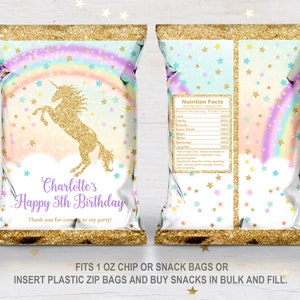 Unicorn Chip Bags Rainbow Gold Glitter  Printable   EDITABLE, Download  Favor Bags Unicorn Rainbow Themed   Bir54