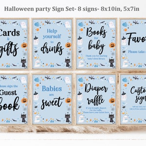 Blue Ghost Halloween baby shower table sign set Editable Halloween baby shower decor package Boy Fall Autumn Printable Download Haba5