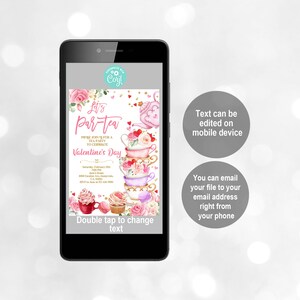 May include: A digital invitation for a Valentine's Day tea party. The invitation features a pink and white teacup and saucer stack with hearts and flowers. The text on the invitation reads "Let's Par-tea" and "Please join us for a tea party to celebrate Valentine's Day".