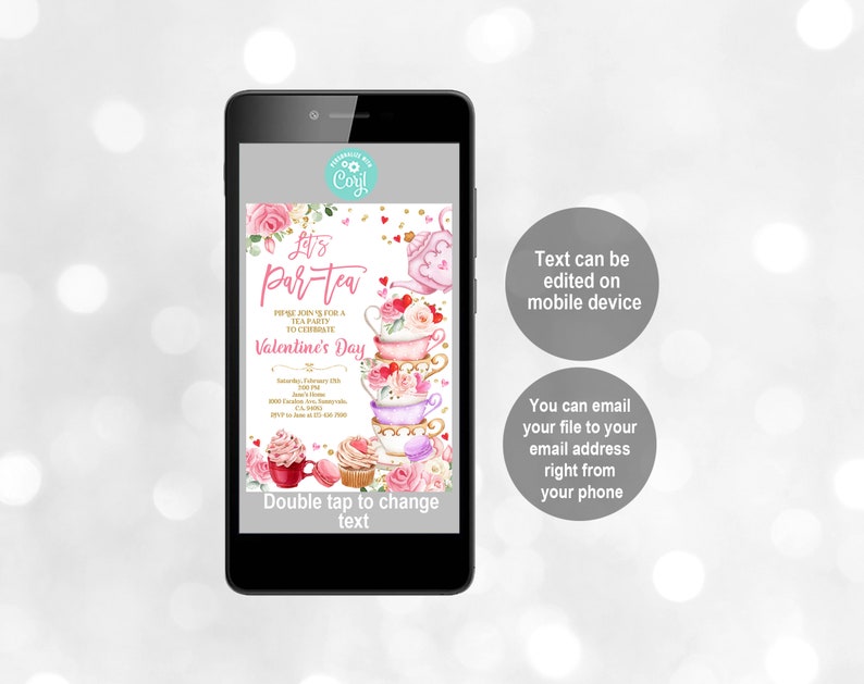 May include: A digital invitation for a Valentine's Day tea party. The invitation features a pink and white teacup and saucer stack with hearts and flowers. The text on the invitation reads "Let's Par-tea" and "Please join us for a tea party to celebrate Valentine's Day".