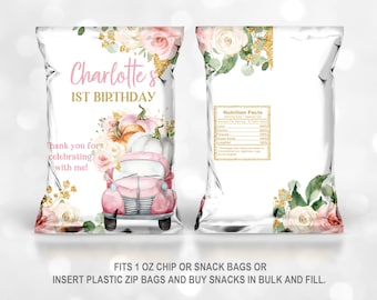 Pink Pumpkin Truck Chip Bag - Editable Birthday Party Favor Bir231