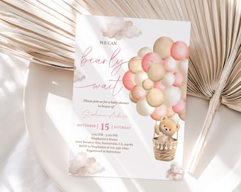 Pink Bear Baby Shower Invitation, Balloons, Boho Style (Editable Bab254)