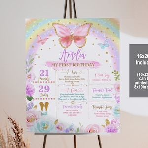 Panneau jalon papillon arc-en-ciel papillon floral tableau tableau 1er anniversaire fille affiche or rose modifiable imprimable téléchargement Bir273