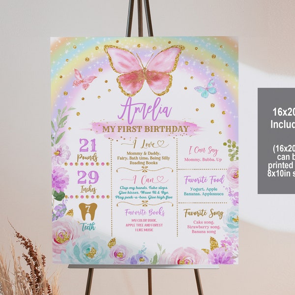 Butterfly milestone sign Rainbow Floral Butterfly Chalkboard sign 1st Birthday girl Poster Pink Gold Editable Printable Download Bir273