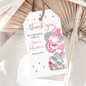 Elephant Baby Shower Thank You Tags Elephant Party Favor Label Pink Balloon Girl Pink Silver Glitter Confetti Printable Editable Bab69