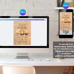 Puede incluir: Un monitor de computadora y un tel&eacute;fono inteligente muestran un dise&ntilde;o de invitaci&oacute;n "Backyard Bonfire". La invitaci&oacute;n presenta una ilustraci&oacute;n de fogata con malvaviscos y tazas. El texto "Double tap to change text" es visible en el tel&eacute;fono.