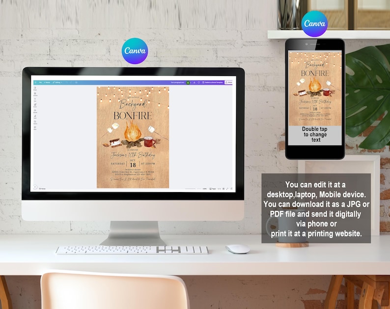 Puede incluir: Un monitor de computadora y un tel&eacute;fono inteligente muestran un dise&ntilde;o de invitaci&oacute;n "Backyard Bonfire". La invitaci&oacute;n presenta una ilustraci&oacute;n de fogata con malvaviscos y tazas. El texto "Double tap to change text" es visible en el tel&eacute;fono.