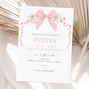 Pink Bow Birthday Invitation: Coquette Floral, Editable Template (Digital)