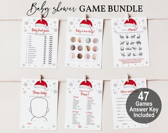 Juegos navideños para baby shower, Papá Noel y copo de nieve (Paquete imprimible editable) Bab403