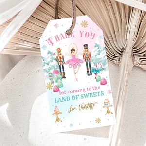 Tag de lembrancinha de aniversário quebra-nozes Terra dos doces Tag de agradecimento Sugar Plum Fairy Natal Inverno Pink Girl Editável para impressão Download Chbir5