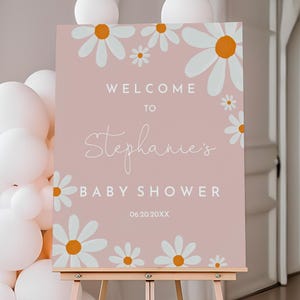 Cartello di benvenuto per baby shower con margherita, modificabile, poster di benvenuto per baby shower con margherita, decorazione floreale per baby shower stampabile Bab332