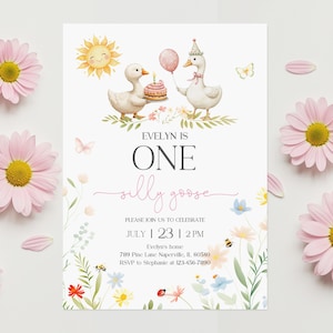 Modelo de convite de aniversário de um ganso bobo editável menina 1º aniversário floral jardim convite para impressão ganso primeiro aniversário bir483