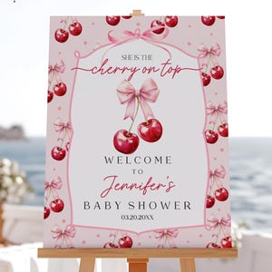 Cherry Baby Shower Willkommensschild Printable Cherry Top Baby Shower Sign Pink Schleife Mädchen-Dusche Editierbares Willkommensschild Kirschen Zeichen Bab349