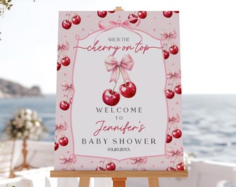 Cherry Baby Shower Welcome Sign, Pink Bow (Editable Digital Download Bab349)