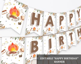 May include: A white banner with brown letters spelling "HAPPY BIRTHDAY". Each pennant features a watercolour illustration of a campfire, marshmallows, and leaves. The banner is decorated with stars and leaves, ideal for a birthday celebration.
