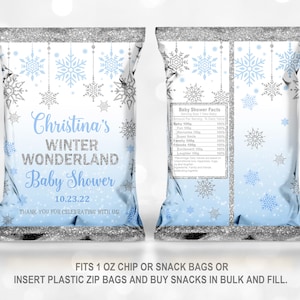 Winter baby shower chip bag Blue Silver Glitter snowflake Party Favor Boy Potato bag Thank You favor bag Download EDITABLE Bab17