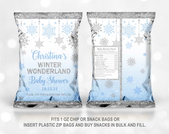 Winter baby shower chip bag Blue Silver Glitter snowflake Party Favor Boy Potato bag Thank You favor bag Download EDITABLE Bab17