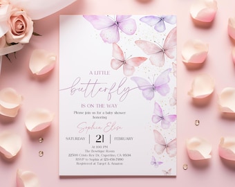 Inbjudan till babyshower med fjärilstema, lila/rosa trädgårdstema (redigerbar Bab318)