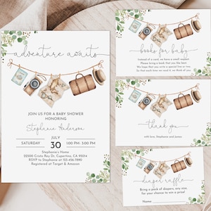 Abenteuer erwartet Babyparty Einladung Set bearbeitbar Reise einladen Wäsche Weltkarte Koffer Greenery Boy Neutral Printable Bab268
