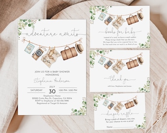 May include: A set of four printable cards for a baby shower. The cards feature a watercolor illustration of a string of travel-themed items, including a suitcase, a camera, a map, and a hat. The text on the cards reads "Adventure Awaits", "Books for Baby", "Thank You", and "Diaper Raffle".