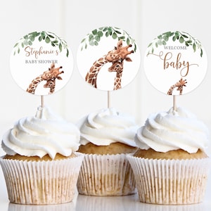 Giraffe baby shower cupcake topper  Safari animal favor tag Tropical Jungle Gender neutral Greenery Decorations Editable Printable Bab36