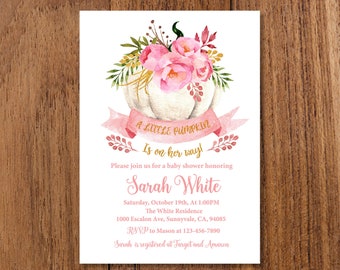 Pumpkin Baby Shower Invitations  Girl Fall Baby Shower Invitations  Watercolor Floral Pumpkin  Instant Access & download  Editable Templates