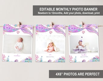 May include: Editable monthly photo banner with a mermaid tail design in shades of purple, teal, and gold. The banner includes three photo frames with the text "newborn", "six months", and "twelve months".