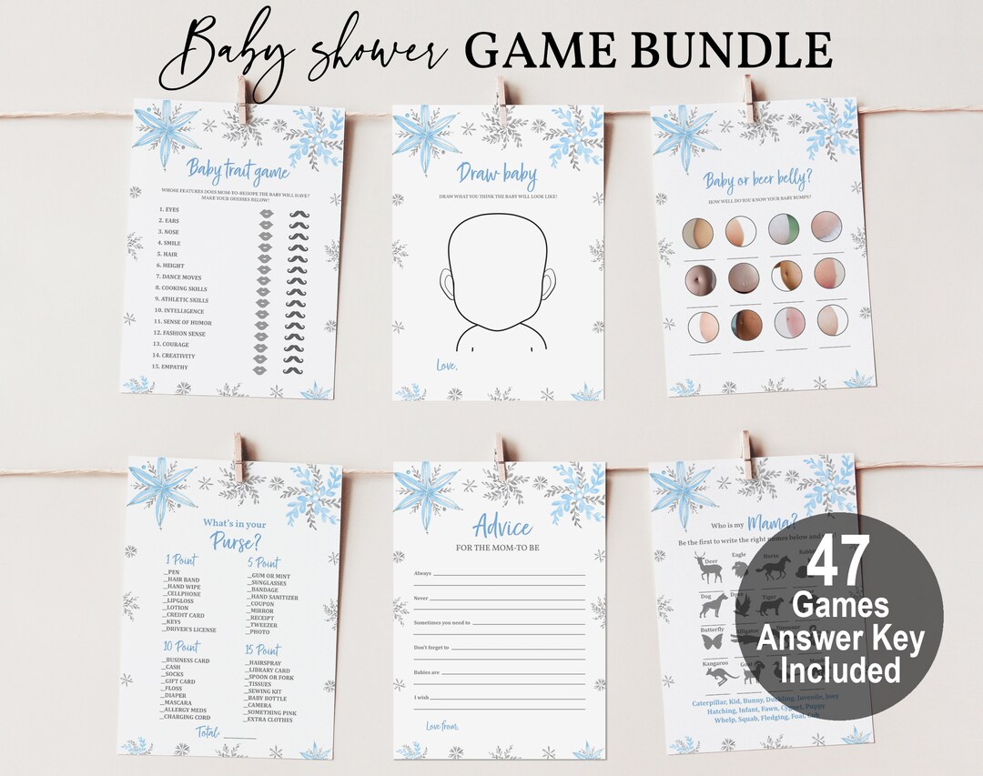 Blue Snowflake Baby Shower Game Bundle Winter Baby Shower Game Pack Boy ...
