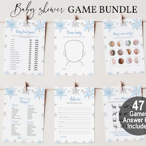 Blue snowflake baby shower game bundle winter baby shower Game Pack Boy Girl Baby shower activity Digital Editable Printable Download Bab68