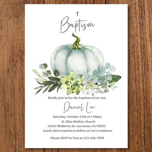 May include: A baptism invitation with a watercolor illustration of a white pumpkin with green leaves and white flowers. The text reads "Baptism" and "Daniel Lee".