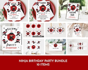 May include: A collection of ninja-themed birthday party supplies. The set includes invitations, thank you cards, a custom sign, a welcome sign, a banner, cupcake toppers, and water bottle labels. Each item features a ninja graphic in red, black, and white.