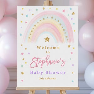 Pastell Regenbogen Willkommensschild Regenbogen-Babyparty-Willkommensposter Mädchen-Babyparty Pink Gold Regenbogen Digital Bearbeitbare Druckbare Download Bab155