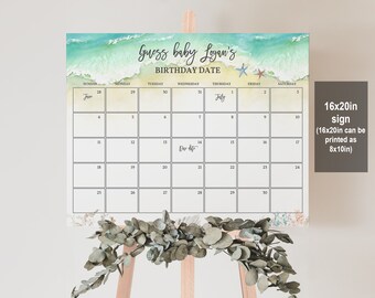 Beach Baby Shower Due Date Calendar (Editable Printable Game Bab213)