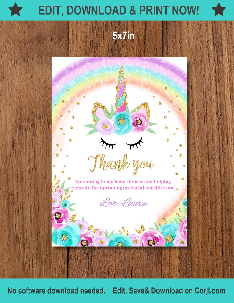Rainbow Unicorn Baby Shower Thank you Card Rainbow Gold Unicorn Girl INSTANT DOWNLOAD EDITABLE 5X7 4X6in included