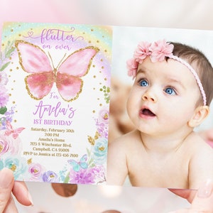 Invitation photo d'anniversaire de papillon, invitation de papillon floral fantaisie papillon arc-en-ciel or fille de jardin 1er téléchargement modifiable Bir273