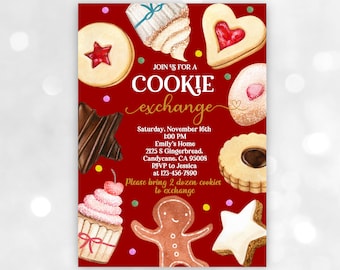 Könnte beinhalten: Eine rote Einladungskarte mit goldfarbenem Rand und dem Text "JOIN US FOR A COOKIE EXCHANGE". Die Karte ist mit verschiedenen Weihnachtskeksen verziert, darunter Lebkuchenmänner, Zuckerkekse und Schokoladenkekse.