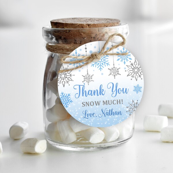 Winter Birthday Favor Tags - Editable Snowflake Stickers, Round and Square Bir157