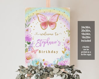 May include: Welcome to Stephanie's Birthday sign featuring a pink butterfly, flowers, and gold glitter. The sign is available in 24x36in, 20x30in, 18x24in, and 16x20in sizes. The 16x20in size can be printed as an 8x10in sign.