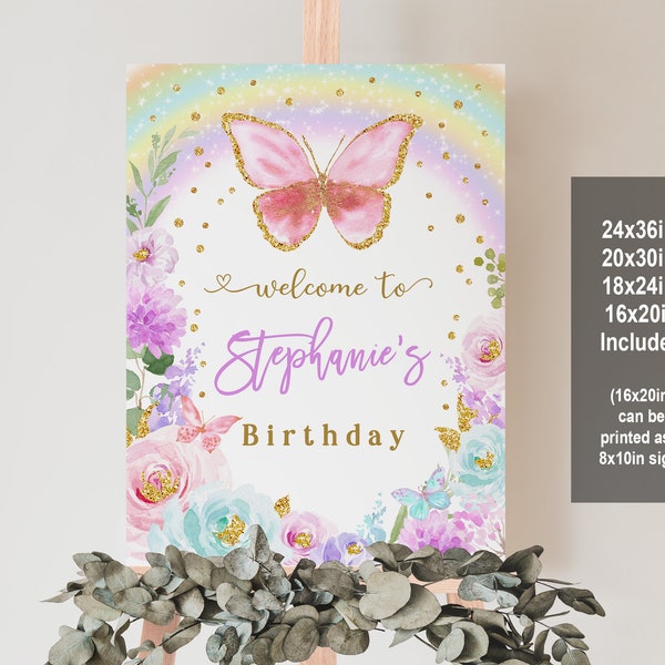 Butterfly Birthday welcome sign Purple pink Floral Rainbow Welcome Poster Butterflies Baby shower Editable Printable Download Bir273 Bab136