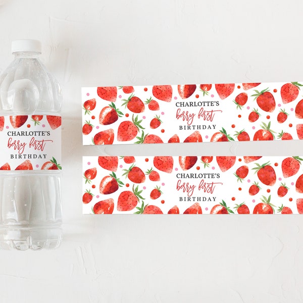 Étiquettes de bouteille d'eau aux fraises, décoration d'anniversaire aux fraises, modèle d'étiquette de bouteille imprimable modifiable pour le 1er anniversaire de petits fruits rouges Bir278