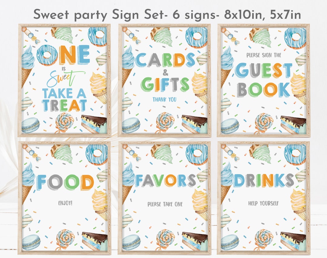 Sweet One Birthday Party Sign Set Boy 1st Birthday Dessert Party Table ...