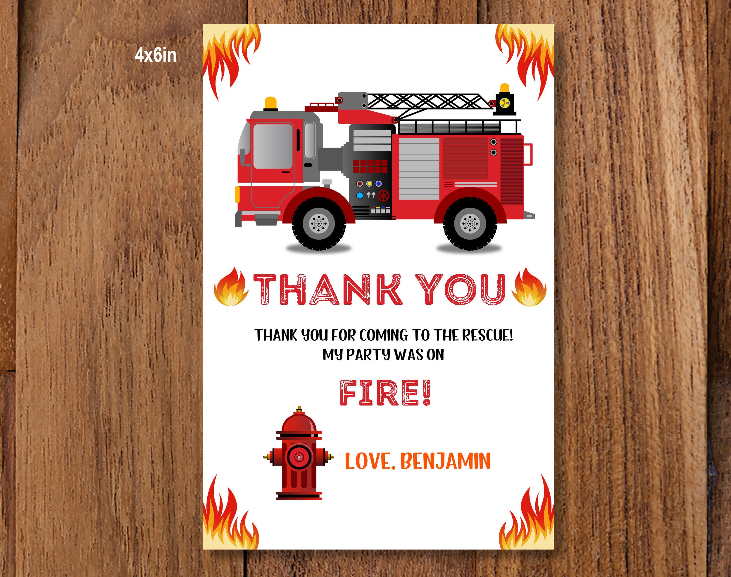 Fire Truck Thank You Card 5x7in 4x6in Printable Firefighter - Etsy