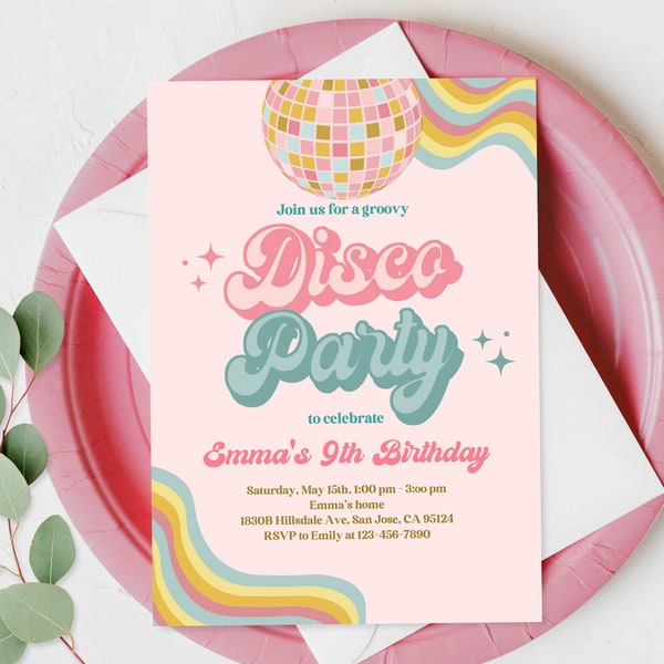 Disco Party Birthday Invitation Retro Groovy Party Invite Boho Hippie Disco Ball 70s Disco Dance Party Editable Printable Download Bir336