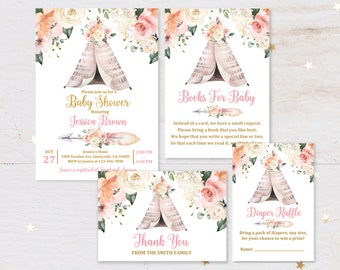Boho Baby Shower Invitations, Teepee Tribal Woodland (Editable Digital Set Bab21)