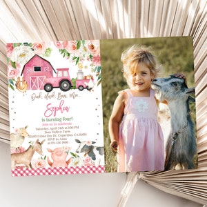 Girl Farm Birthday Photo Invitation Farm Animals Party Invite Pink Farm Barnyard Girl Pink Floral Printable Editable Download Bir312
