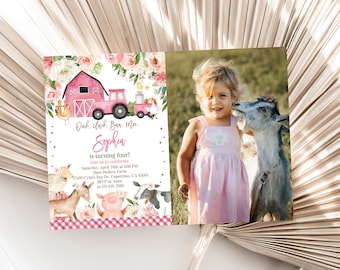 May include: A farm-themed birthday invitation featuring a pink barn, tractor, and watercolor illustrations of farm animals. The invitation includes the text "Sophia is turning four!" and event details. A photo of a child with a goat is also included.