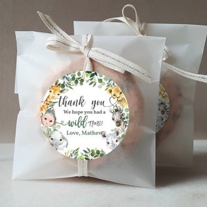 Safari Birthday Favor Aufkleber Jungle party 2 "& 3" Danke Label Zoo Tiere Wildes Grün Gold Danke Bearbeitbar Druckbar Download Bir10
