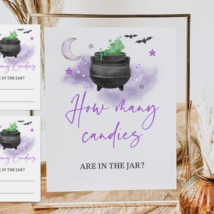 Halloween How many candies are in the jar sign and ticket Halloween baby shower game baby is brewing Editable Printable Download Haba3
